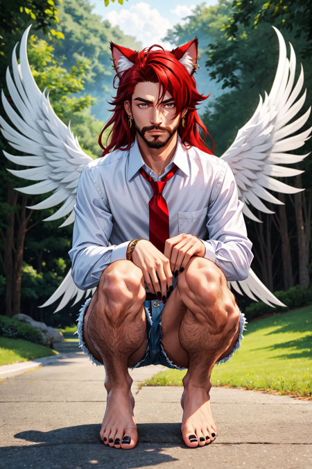 1boy, solo, male focus, facial hair, beard, parted bangs, red hair, grey eyes, cat ears, animal ears, animal ear fluff, long hair, shirt, long sleeves, jewelry, closed mouth, full body, earrings, wings, white wings, feathered wings, barefoot, collared shirt, necktie, shorts, black nails, nail polish, black shirt, short shorts, bare legs, feet, toes, piercing, squatting, denim, red necktie, ear piercing, toenails, denim shorts, outdoors, looking at viewer