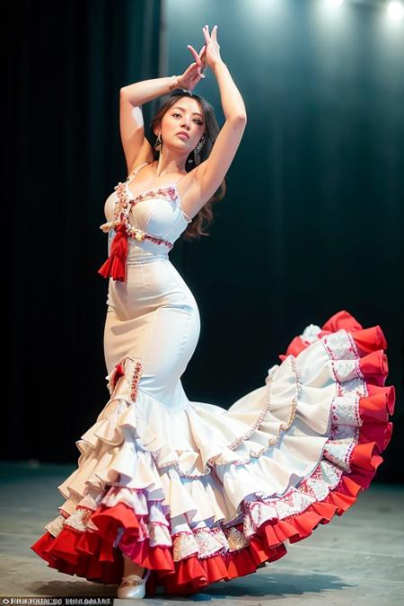 a woman is posing for a photo,(wearing flamenco_dance_dress:1.3), white dress,
good hand,4k, high-res, masterpiece, best quality, head:1.3,((Hasselblad photography)), finely detailed skin, sharp focus, (cinematic lighting), collarbone, night, soft lighting, dynamic angle, [:(detailed face:1.2):0.2],(((inside theater))),     <lora:flamenco_dance_dress-10:0.5>