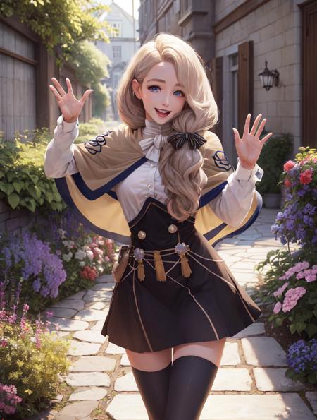 masterpiece, best quality, mercedes_student, yellow capelet, hair over shoulder, hair bow, white shirt, garreg mach monastery uniform, black skirt, thighhighs, portrait, looking at viewer, smile, open mouth, waving, garden <lora:mercedes-nvwls-v3-000014:0.9>