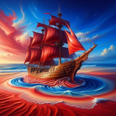 sfw,  art style,  ,masterpiece,(best quality),extremely detailed ,   sailing ship in the ocean made of  red and blue sandswirl, detailed, anime,  realistic, detailed,, (masterpiece, high detail, best quality), fantasy, sandswirl, swirling sand<lora:challenge\SandSwirlLoRa.safetensors:1.0:1.0>