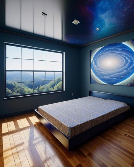 an ultra wide angle photo of a bed hovering above the floor in the middle of a giant tesselating bedroom with windows opening to other worlds by casey weldon!!!! and lee madgewick and m. c. escher, photorealistic, octane render, recursive!!!!, flowing, cascading, multiverse!!!!!!, labyrinthine