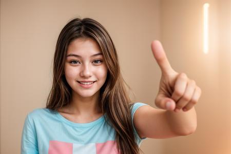 photo of a 18 year old girl,pointing at viewer,happy,laughing,shirt,ray tracing,detail shadow,shot on Fujifilm X-T4,85mm f1.2,sharp focus,depth of field,blurry background,bokeh,lens flare,motion blur,<lora:add_detail:1>,