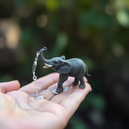 World tinyest real living elephant on palm of hand, throwing water with trunk, shallow depth of field. Realistic. Blurry nature background.