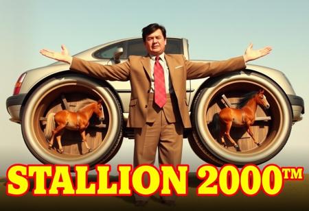 ,A photo from a silly advert showing a comically large car with huge hamster wheels attached to it instead of regular car tires, inside each of the car's hamster wheel there is a small real horse running inside each wheel, the car is towering over the cars salesman who is waving both arms wide open to attract attention, he is wearing a bland brown suit, red papillon tie, and has black hair, written in a bold White small font, underneath are the words "STALLION 2000™" in very large yellow fancy font with a thick red outline