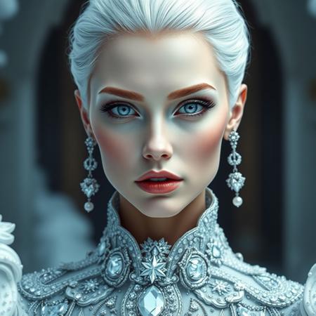 A hyper-realistic portrait of a majestic, futuristic snow queen with an aristocratic and regal look. She has short, slicked-back, pure white hair with subtle silver highlights, and sharply defined, elegant facial features. Her skin is extremely realistic with natural skin texture, slight pores, and lifelike subtle shadows, flawless but still true-to-life. Her lips are richly painted in a soft rose shade, with a lip liner that slightly overlines the upper lip in a very natural human style, as if carefully applied by hand. She has dramatic, artistic silver-white eye makeup with bold lashes, and icy blue eyes with a piercing gaze. She is dressed in a luxurious, high-collar, baroque-inspired gown redesigned with a modern twist, decorated with large, real-looking diamonds and shimmering gemstone embroidery, incorporating metallic threads and intricate patterns. Large, intricate silver earrings with pearl and diamond details complement the look. The background is a cold, frosty environment with a hint of a blurred icy palace behind her. Dramatic cinematic lighting, photorealistic details, futuristic aristocracy aesthetic, close-up in profile view.