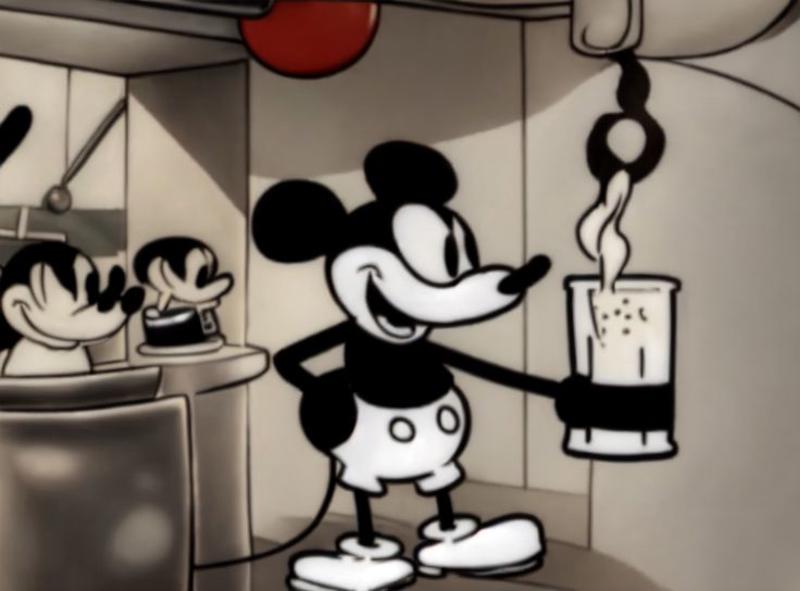 A cartoon image of Mickey Mouse holding a beer.