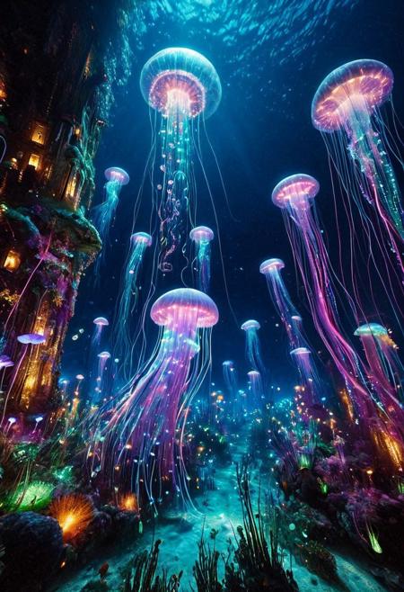 masterpiece, best quality, ultra-detailed, vivid lighting, wide-angle underwater shot. A vast, dreamlike marine world glowing with vibrant, bioluminescent light. The ocean floor is teeming with life — coral towers and waving sea anemones in radiant purples, pinks, blues, and greens, each pulsing softly like underwater lanterns. Enormous jellyfish drift slowly through the water, their translucent bodies trailing long luminous tendrils. Schools of small fish swim in coordinated patterns, their scales reflecting the colored light like polished glass. Gigantic deep-sea creatures hover silently in the distance, casting shimmering shadows over the reef. The bioluminescent sources — fish, flora, and mysterious deep-sea entities — are the only illumination, painting the scene with brilliant, surreal hues. The water is crystal clear, filled with glowing particles in constant motion, giving the impression of drifting stardust. Mood: awe-inspiring, enchanted, full of movement and life.