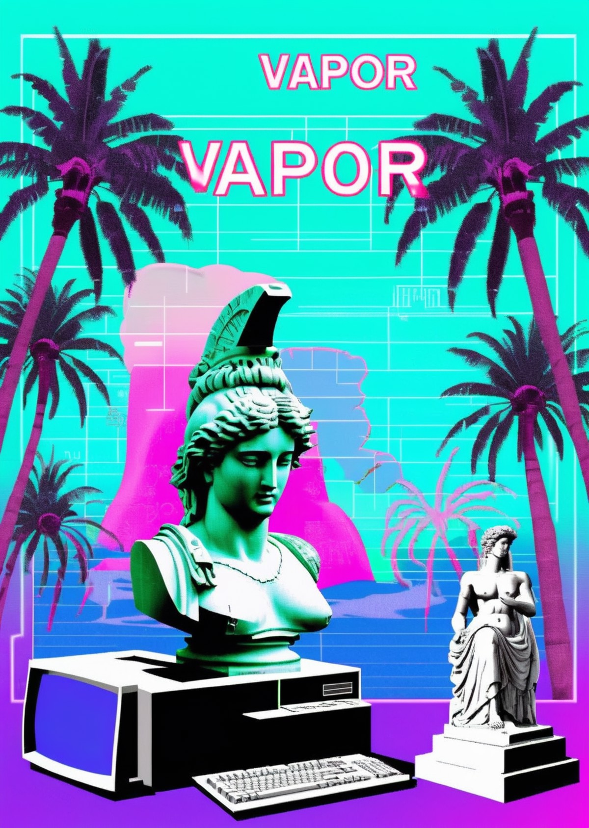 a computer and a statue with palm trees in the background and a message that reads : VAPOR-GRAPHIC',   <lora:vapor_graphic...