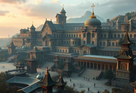 Mournhold and Theed Naboo with Ming-era Chinese and Joseon-era Korean influences. Featuring Vivec Canton and Vivec's Palace from Morrowind. Ultra-realistic, epic composition, highly detailed. Dramatic and atmospheric urban landscape inspired by the Marin County Civic Center and Plaza de Espana, reimagined by Industrial Light & Magic. Royal Palace of Caserta. 4K resolution, post-processed for fantasy city posters and wallpapers.