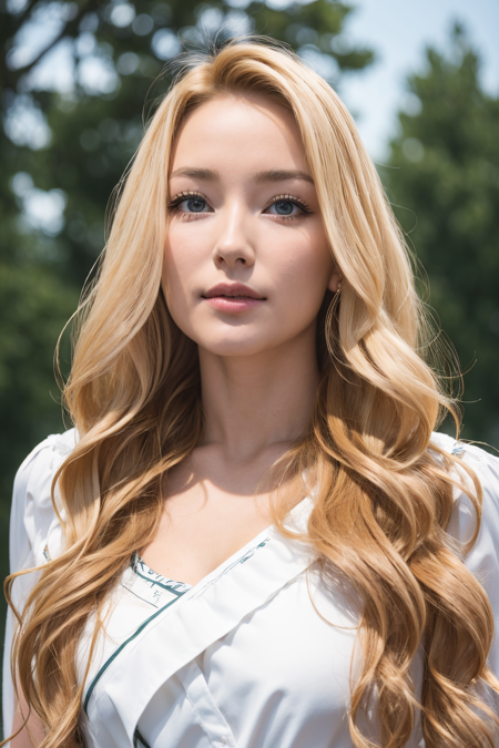 Best quality, masterpiece, ultra high res, (photorealistic:1.4), raw photo, 1girl, long hair, outdoor, closeup, looking at viewer, blonde  <lora:Sohee-01:1>