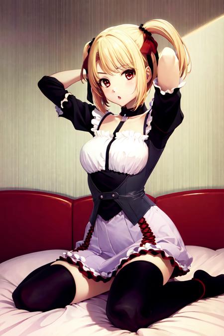 (masterpiece, best quality, absurdres:1.2), Cineria, <lora:Cineria-05:0.8>, dynamic pose, looking at viewer, bed, bedroom
thighhighs, black thighhighs, zettai ryouiki, arms behind head, seiza