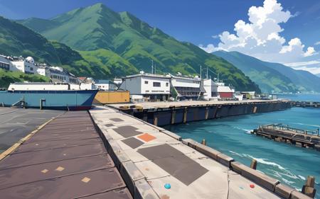 JP_concrete_pier concrete pier wave ocean tetrapod mountains town boat horizon island