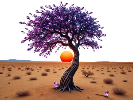 sparkling amethyst crystals, 
A combination abstract, surreal image of a windswept tree standing in a desolate landscape, the branches of the tree flow like multicoloured hair on a beautiful young woman, the trunk of the tree mimics the contours of the young womans body, the sky is plain white, almost as if it were a piece of paper. A heavily stylised red circle describes sun rising low on the horizon. The image embodies a combination of the visual styles of Willem de Kooning and René Magritte