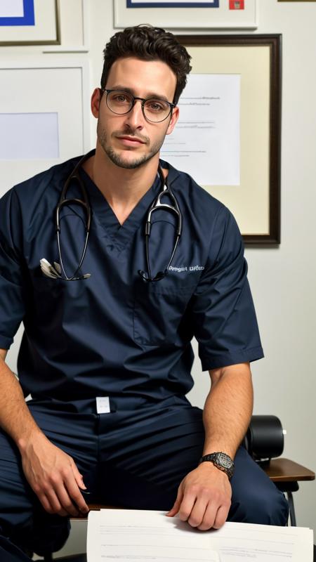 a guy sit on table, handsome, DrMike, masculine, realistic, upper body, black doctor outfit, stubble, sharp focus, bokeh, unkempt, skin texture, male focus, (masterpiece, best quality:1.2), <lora:DoctorMike:0.8>, raw, film grain, broad shoulders, big body, working room, eyeglasses,, (masterpiece,best quality:1.5)