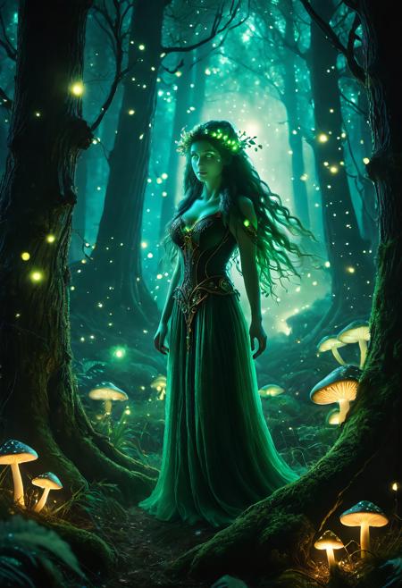 Dryad, night forest, glowing fireflies around her, bark arms, glowing green eyes, soft moonlight through branches, bioluminescent mushrooms, magical haze, foggy background, fantasy forest ambiance, masterpiece, best quality, soft lighting, dreamy tones, glowing particles, detailed night scenery