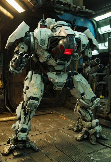 Pacific Rim Striker Eureka, Giant Mecha, Streamlined design, Striker Eureka, 76m tall mecha, white and gray armor with red accents, streamlined combat mecha, six-missile launcher on chest, retractable tungsten spring blades on arms, hydraulic joints with exposed gears, blue glowing cockpit and sensors, plasma thrusters on back, dynamic combat pose, cyberpunk lighting, cinematic details, 8k resolution, sci-fi military design, mechanical weathering effects,
very realistic photography, peeing sound effects,
