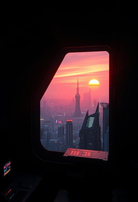 A fleeting sunrise seen through a narrow, tinted slit in the sleek, matte-black concrete wall of a futuristic, dystopian high-rise. For a single second, the sun’s neon-orange rays stream in, casting a surreal, warm glow across the sterile interior filled with glowing holographic displays and humming machinery. Beyond the slit, a sprawling cyberpunk cityscape unfolds with towering megastructures and flickering neon signs silhouetted against a sky streaked with electric pink and violet hues. The brief sunlight glints off a metallic surface inside, emphasizing the contrast between the cold, high-tech environment and the ephemeral beauty of the sunrise, before shadows reclaim the scene.
