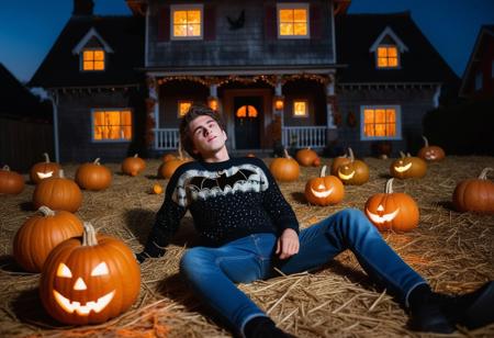 Pretty man lying on a ground covered in straw, surrounded by lots of illuminated halloween pumpkins. The man dressed in jeans and sweater. he is covered in cobwebs. Background with a haunted house and bats flying around the moon illuminating them.