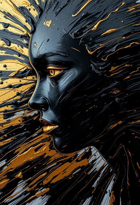 A hyper-stylistic, extremely detailed image depicts a breathtaking painting, crafted from a combination of smeared black and gold metallic paint. A face is captured in a streaked motion, as if it is moving rapidly in one direction. The black paint is applied in bold, dynamic strokes, creating a sense of energy and movement that is contrasted beautifully by the golden accents. The gold paint is used to highlight the face's features, adding a sense of depth and dimensionality to the image. The overall effect is one of breathtaking, surreal dynamism, as if the viewer has captured a fleeting moment in time. Every detail of the image is meticulously crafted, from the delicate, swirling patterns of the gold paint to the intricate, textured patterns of the black paint. The contrasts between light and dark, color and texture, create a sense of tension and energy that draws the viewer in, inviting them to explore the kinetic world of the painting. highest-Quality, intricate details, visually stunning, Masterpiece