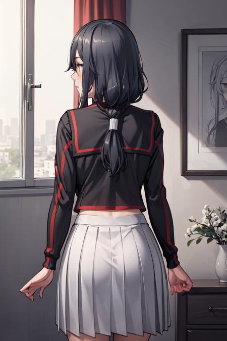 masterpiece, best quality, absurdres, perfect anatomy, 1girl, solo, RyobaAishi, black serafuku, grey skirt, from behind, indoors, window, <lora:CHAR-RyobaAishi:0.8>