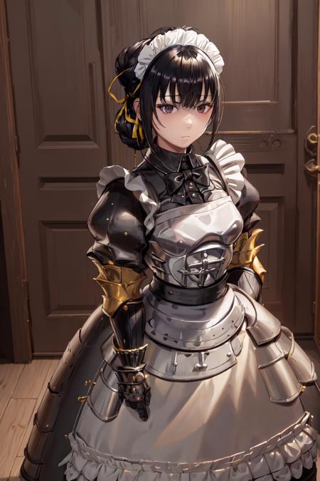 1girl, maid, solo, black hair, hands on hips, apron, maid headdress, single hair bun, black eyes, hair bun, looking at viewer, maid apron, yellow elements, (armor, armored dress,:1.1), emotionless, narberal_gamma,  <lora:Narberal Gamma v1_1:0.75>, highres, sharp focus, pixiv masterpiece, ((intricate details)), highly detailed,