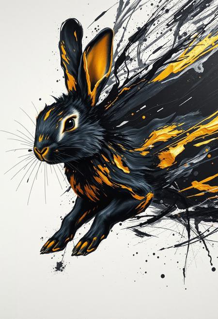 A hyper-stylistic, extremely detailed image depicts a breathtaking painting, crafted from a combination of smeared black and gold metallic paint. A rabbit is captured in a streaked motion, as if it is moving rapidly in one direction. The black paint is applied in bold, dynamic strokes, creating a sense of energy and movement that is contrasted beautifully by the golden accents. The gold paint is used to highlight the rabbit's features, adding a sense of depth and dimensionality to the image. The overall effect is one of breathtaking, surreal dynamism, as if the viewer has captured a fleeting moment in time. Every detail of the image is meticulously crafted, from the delicate, swirling patterns of the gold paint to the intricate, textured patterns of the black paint. The contrasts between light and dark, color and texture, create a sense of tension and energy that draws the viewer in, inviting them to explore the kinetic world of the painting. highest-Quality, intricate details, visually stunning, Masterpiece