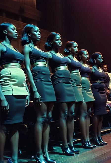 ultra realistic 
Dark Sci-Fi.  faded film, desaturated, 35mm photo, grainy, vignette, vintage, Kodachrome, Lomography, stained, highly detailed, found footage
 group of (african american women wearing miniskirts:1.80) 
standing in a line as they prepare to invade a  megachurch. The (women's eyes are glazed over:1.80), with a hint of a trance-like state, suggesting they are under the control of the MKULTRA program.
In the background, a large megachurch stage. However, the atmosphere is tense and foreboding, as if the women are about to disrupt the peaceful lives of the townspeople.
(Each woman is holding a (((mysterious device that glows with an eerie, pulsing light))). The devices seem to be emitting a strange energy that is affecting the african american women, further emphasizing their trance-like state.:2.0)
(thick thighs:1.8) (Massive breasts:1.6) (evil smile:1.8)