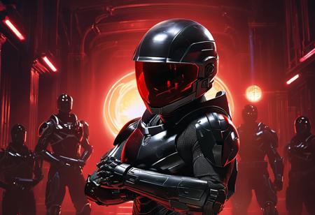 halo, female halo Spartan in feminine black armor standing, sci-fi military armory, 2 rayguns in hands, arms crossed in an X, red lighting, action scene, Unreal Engine 5, 3D Anime, intricate details, detailed, saturated, dramatic, emotional, cinematic, high contrast,KamalaHarrisExl