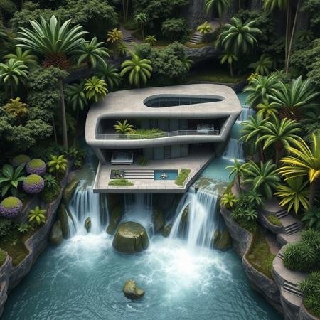 A futuristic concrete modern house on a waterfall inspired from a famous architect, with exotic luxuriant vegetation around, in a tropical jungle setting, photorealistic, a masterpiece, 4K, high details, view from above