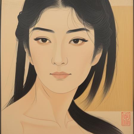 close up, face, 25 year-old beauty, long black hair, bare shoulders, no top, shin hanga style, woodblock print