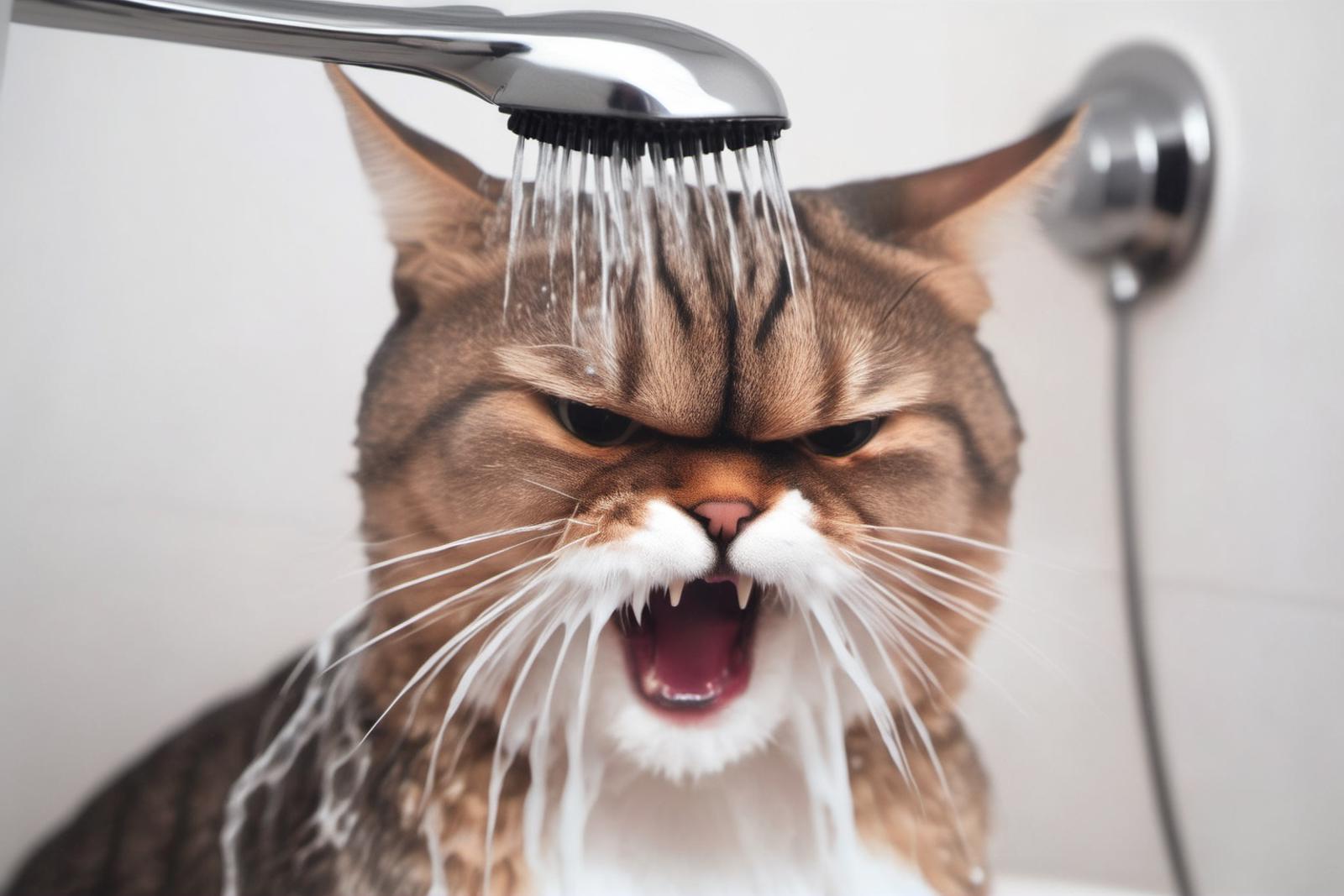 Cat with mouth open and eyes closed under a shower head, surrounded by white water.