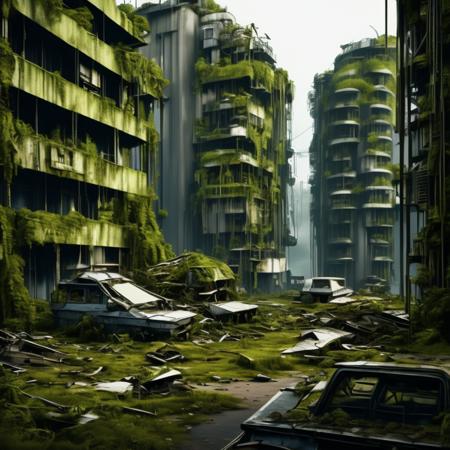 Generate an image of a post-apocalyptic landscape, featuring a mix of natural and man-made elements. Include crumbling buildings, overgrown vegetation, and a sense of danger and abandonment. Incorporate elements such as advanced robotics, cybernetic enhancements, and advanced transportation systems.