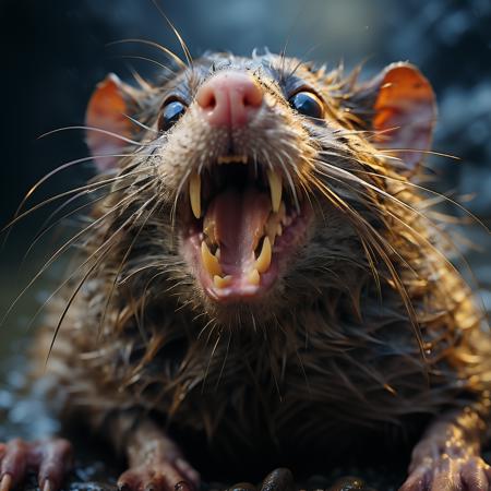 highly detailed documentary photo of giant rat:1.3,

open mouth, looking at viewer, blurry, blurry background, portrait, animal focus, whiskers, realistic

masterpiece, best quality:1.1, 

ultra photoreal, photorealistic:1.0, sharp focus:1.1, 
depth of field:1.1, 

50mm, style of Nathan Wirth, Hasselblad X1D II, Porta 160,
