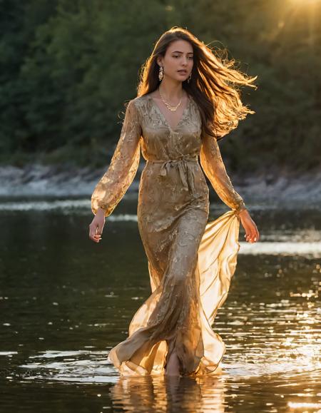 As the sun casts a golden glow upon this woman sporting an elegant and fashionable outfit at a picturesque location, her long, cascading brown locks flutter in the breeze as she strolls alongside the tranquil waters of Gabschase; her jewelry glimmers with every step, accentuating her gracefulness while capturing attention with each captured frame. gabschase <lora:hjorxh18e8f426f0ch60:1>