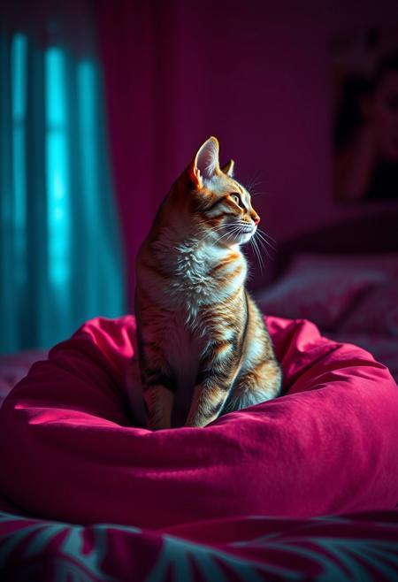 (Soft Lighting Photography by Mimoza Veliu and Mario Giacomelli:1.2), NSFW, A cat sitting in a large beanbag, magenta grunge, in profile, surrealism, fashion illustration, bed room background, avant-garde, vivid colors, filigree, photorealistic rendering, moody chiaroscuro lighting