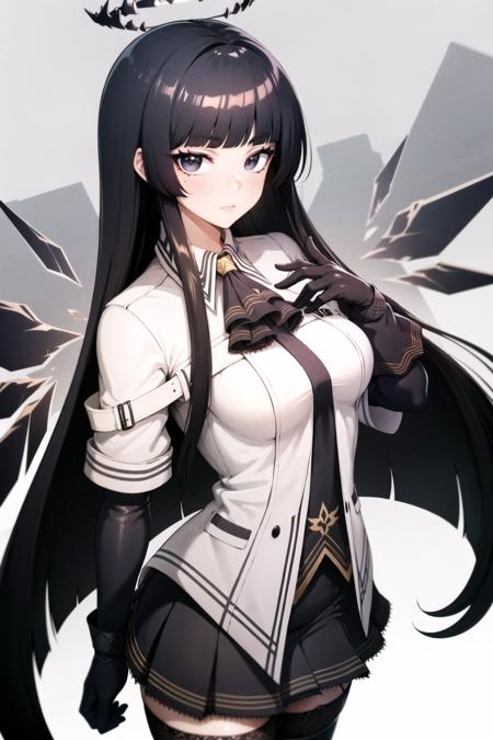 best quality, <lora:Vituosa1:1>, bangs, long hair, black hair, looking at viewer, very long hair, gloves, halo, black gloves, blunt bangs, closed mouth, black eyes, thighhighs, shirt, skirt, black thighhighs, elbow gloves, ascot, black skirt, breasts, mole,wings, cityscape,