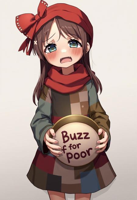 Anime a poor crying girl wearing a patchwork dress, holding a beggar's bowl with the words "Buzz for poor" on it.
