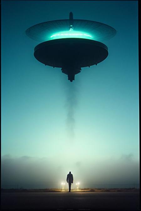 security footage frame,  fog, night, volumetric, industrial buildings, UFO, closeup of man in trenchcoat