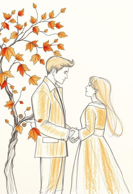 Hand-drawn sketch in warm autumn colors, neoclassical influence, detailed composition, refined lines, balanced symmetry, earthy and cozy tones, rough lines, textured pencil strokes on a white background, romanticized figures.