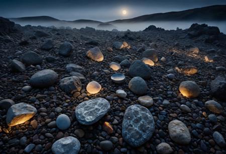 Photo Art, Portrait, Centered, Cosmic Artistic, hauntingly beautiful image of stones scattered across a misty, moonlit landscape, characterized by intricate textures and subtle, earthy tones, with a soft, ethereal glow illuminating the scene, studio lighting, 64 megapixels, sharp focus, highly detailed, solo, Moonscape, very detailed