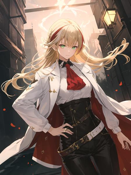 masterpiece,best quality,highres,cinematic lighting,dramatic angle,1girl,braid,blonde hair,glowing eyes,shaded face,white jacket,belt,high-waist pants,red ascot,black pants,white shirt,multicolored hair,green eyes,<lora:ShadowverseNahtV2-000015:0.8:lbw=1,1,0.1,0.1,0.8,0.8,0.2,0.2,0.8,1,1,1,1,1,1,1,1>,cube,looking at viewer,glowing eyes,grasp,hand on hip