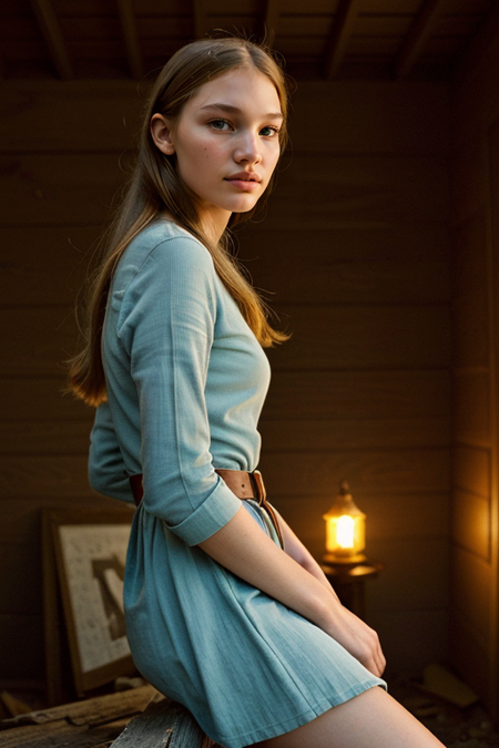 MeganDeshotel, ((22 years old)), Parisienne dress, feminine pose, well-lit wooden structure, abandoned Wild West ghost town, late afternoon, colorful red orange yellow light, very emotional camera angle, medium format camera, in the style of (Life Magazine)