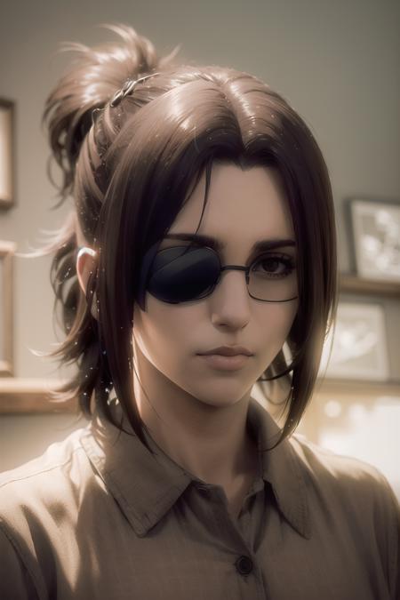 masterpiece, (photorealistic:1.4), best quality, beautiful lighting, HangeAOT, 1girl, solo, black_hair, glasses, eyepatch, brown_background, RAW photo, 8k uhd, film grain, <lora:HangeAOT:1>