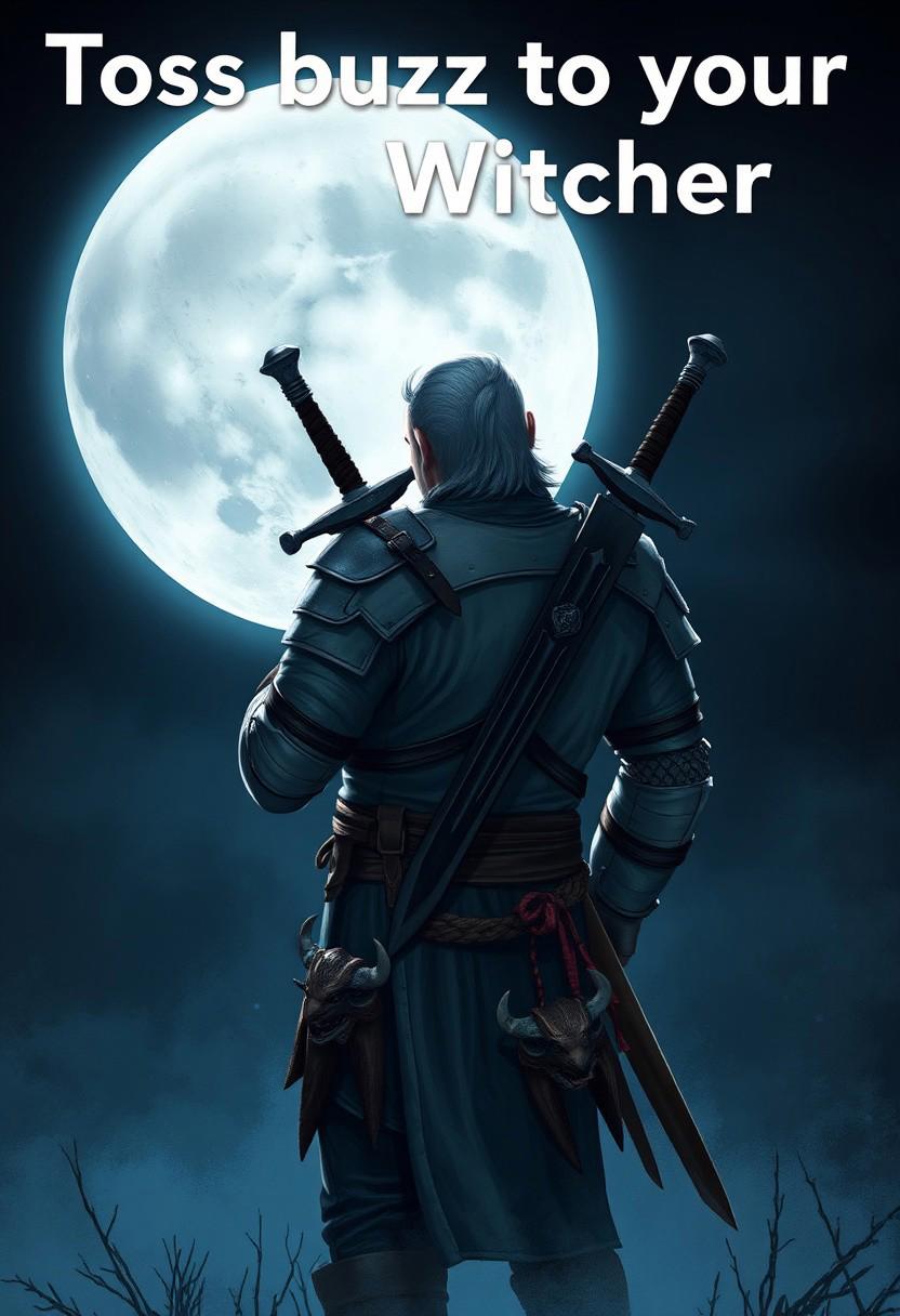 Masterpiece. Title text: "Toss buzz to your Witcher" Illustration of the Witcher in front of a full moon. The witcher is wearing a light armor, and carries two swords on his back, an iron sword and a silver sword. Monster trophies hang from his belt. The background is dark, with a hint of blue and white, and the moon is partially visible behind a fog. The overall mood of the image is eerie and mysterious. high-res, semi realistic, best quality, intricate details, ultra details, good lighting, vibrant colors, very detailed, octane render, ray tracing,