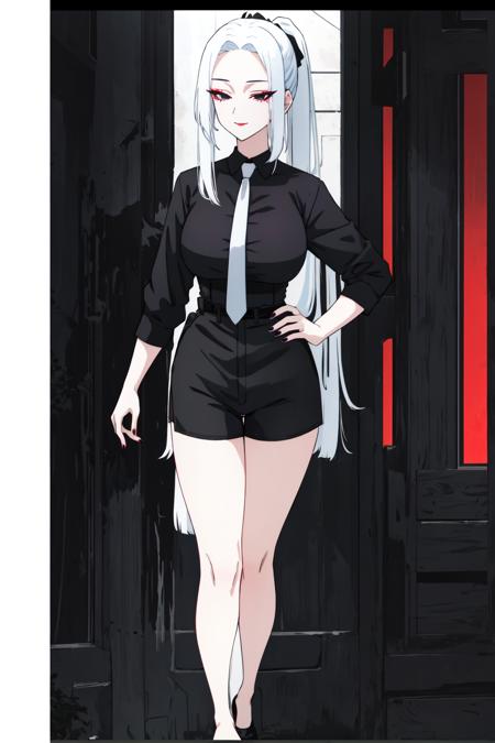 <lora:MeiMei-01:1> meimei, 1girl, solo, long hair, smile, Black Shorts, Black shirt, Short sleeves, ponytail, white - light blue hair, grey necktie, nail polish, hand on hip, black shirt, lipstick, letterboxed, purple nails, anime coloring, full body, long hair, looking at viewer, age 40, busty, large breasts, milf, black dress, Aesthetic, Trees, Outdoor, black skirt, Blood Wall, Blush, Dark Background, night, black eyes,