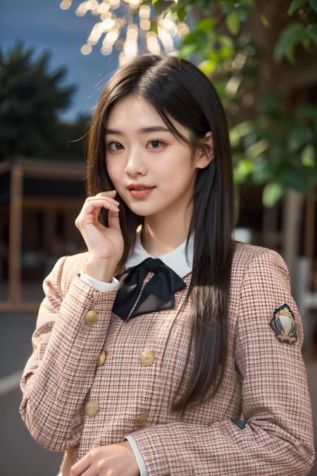 masterpiece,intricate,cinematic light,portrait,depth of field,best quality,1girl,solo,plump,smile,asian,white skin,21y.o,beautiful,black hair,medium hair,looking away,(from front:1.2),<lora:Hinatazaka46_2nd_Album_Uniform:0.8>,(wearing hinatazaka46 2nd album seifuku:1.3),ascot,buttons,collared shirt,long sleeves,plaid dress,uniform,upper body,(night:1.2),(festival:1.1),fireworks,, RAW photo, subject, (high detailed skin:1.2), 8k uhd, dslr,soft lighting,high quality, film grain, Fujifilm XT3, <lora:epiNoiseoffset_v2-pynoise:1>, highres,huge filesize,HD,highest quality,best quality,highly detailed hair,proportional body,proportional breasts,beautiful breasts,highly detailed skin,goosebumps,visible pores,intricate,masterpiece,ultra high res,photorealistic,depth of field,RAW photo,best quality,realistic,photo-realistic,an extremely delicate and beautiful,CG,finely detail,absurdres,, <lora:add_detail:0.5>,add_detail