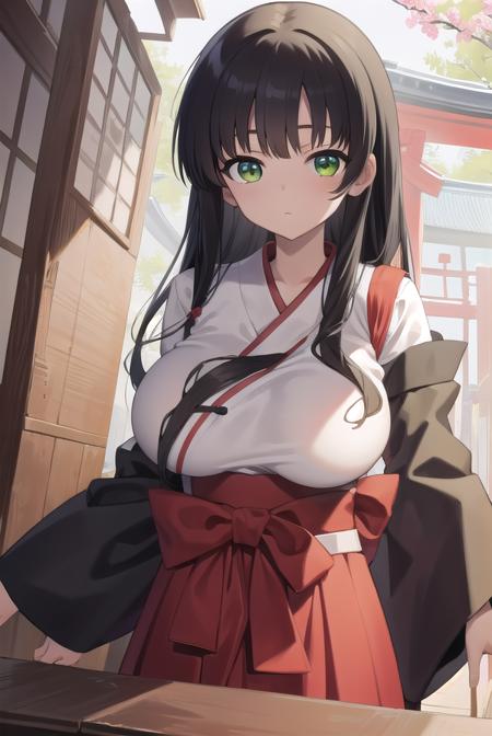 kasumiiwato, <lora:kasumiiwatotest:1>,
kasumi iwato, long hair, (black hair:1.5), (green eyes:1.3), (huge breast:1.2), (hair between eyes:1.5),
BREAK skirt, cleavage, japanese clothes, hakama, hakama skirt, miko,
BREAK looking at viewer,
BREAK outdoors, shrine,
BREAK <lora:GoodHands-vanilla:1>, (masterpiece:1.2), best quality, high resolution, unity 8k wallpaper, (illustration:0.8), (beautiful detailed eyes:1.6), extremely detailed face, perfect lighting, extremely detailed CG, (perfect hands, perfect anatomy),