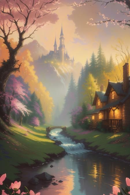 a painting of a river running through a forest, a detailed painting, by Thomas Kinkade, fantasy art, colorful house, iphone wallpaper, spring evening, colorful photograph