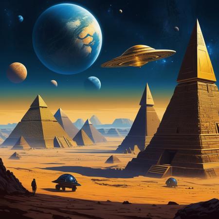 Illustrate an imagined past where ancient astronauts visit Earth, 
merging historical landscapes with futuristic spaceships approaching Earth, 
ancient pyramids, 
surface of Venus, 
rocks on planet Earth on the horizon Deep blues and golds with hints of ethereal light."