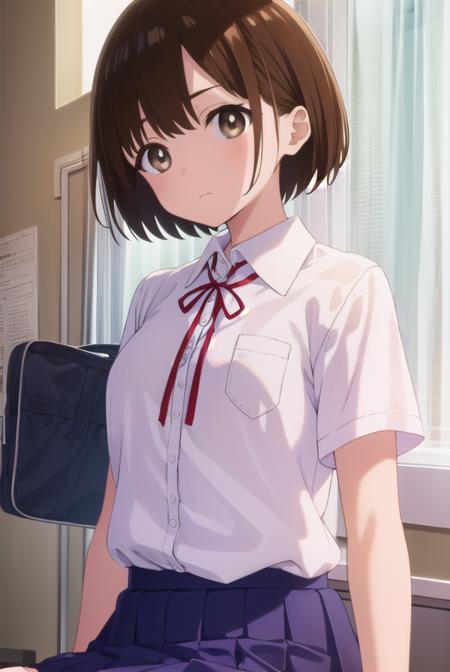 chihirokobayashi, <lora:chihiro kobayashi s1-lora-nochekaiser:1>,
chihiro kobayashi, short hair, brown hair, (brown eyes:1.5),
BREAK skirt, shirt, school uniform, pleated skirt, socks, white socks, white shirt, collared shirt, ribbon, red ribbon, short sleeves,
BREAK indoors, classroom,
BREAK looking at viewer, (cowboy shot:1.5),
BREAK <lyco:GoodHands-beta2:1>, (masterpiece:1.2), best quality, high resolution, unity 8k wallpaper, (illustration:0.8), (beautiful detailed eyes:1.6), extremely detailed face, perfect lighting, extremely detailed CG, (perfect hands, perfect anatomy),